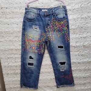 MISSLOOK Boyfriend Painted Jeans Womens Sz XL, Distressed,  Artsy, Edgy